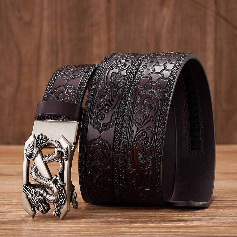 Leather Belt with Embossed Z Dragon Pendant