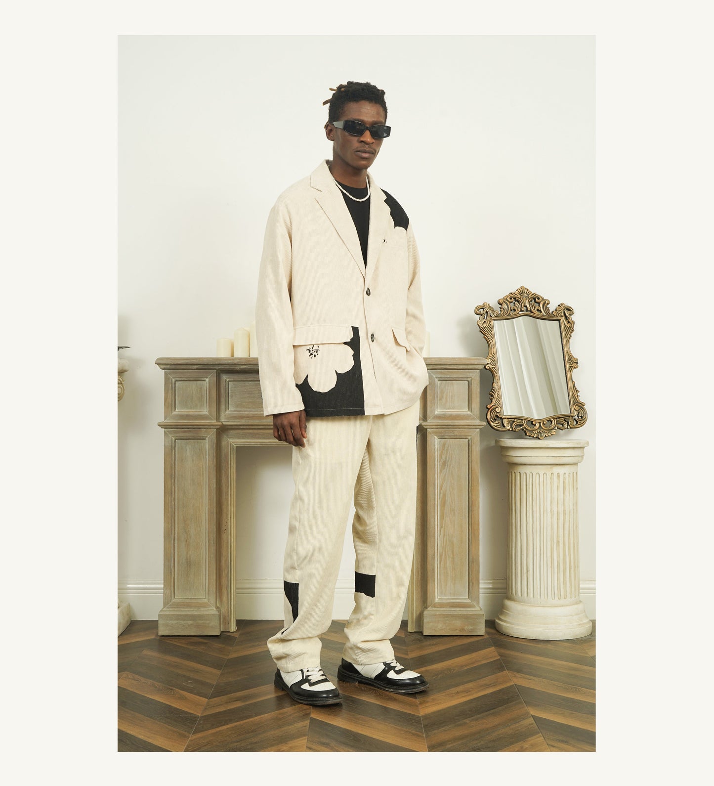 Two-Tone Flower Corduroy Pants - Empty Reference