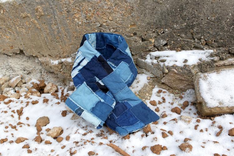 Denim Scarf with Indigo Patchwork Design