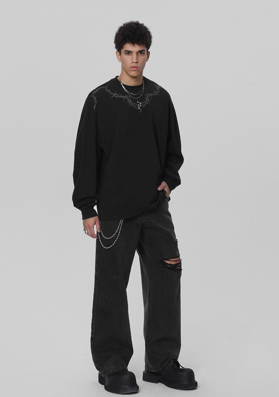 JHYQ Distressed Long Sleeve with Torn Collar