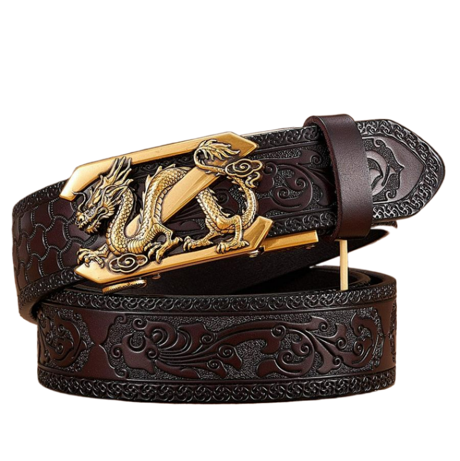 Leather Belt with Embossed Z Dragon Pendant