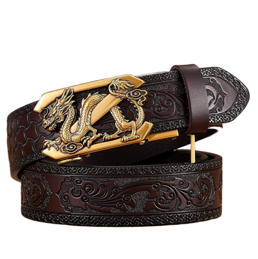 Leather Belt with Embossed Z Dragon Pendant