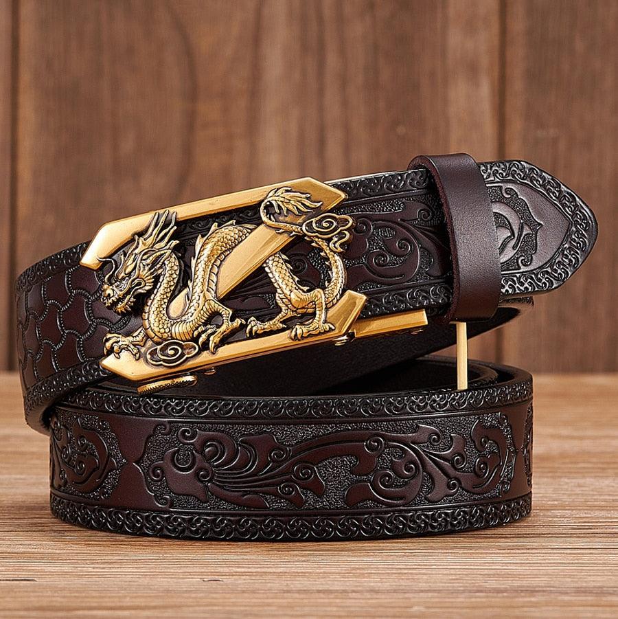 Leather Belt with Embossed Z Dragon Pendant