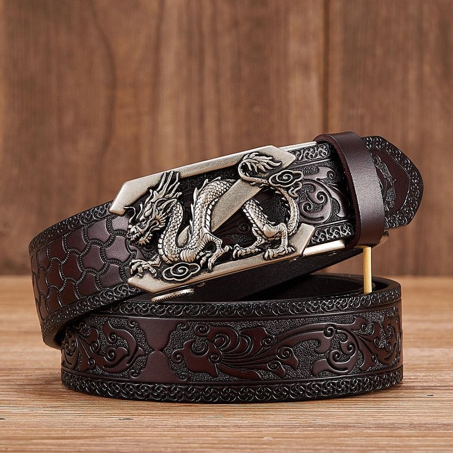 Leather Belt with Embossed Z Dragon Pendant