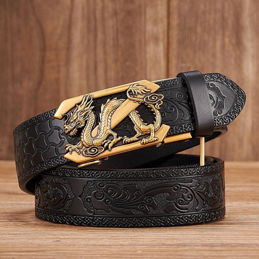 Leather Belt with Embossed Z Dragon Pendant