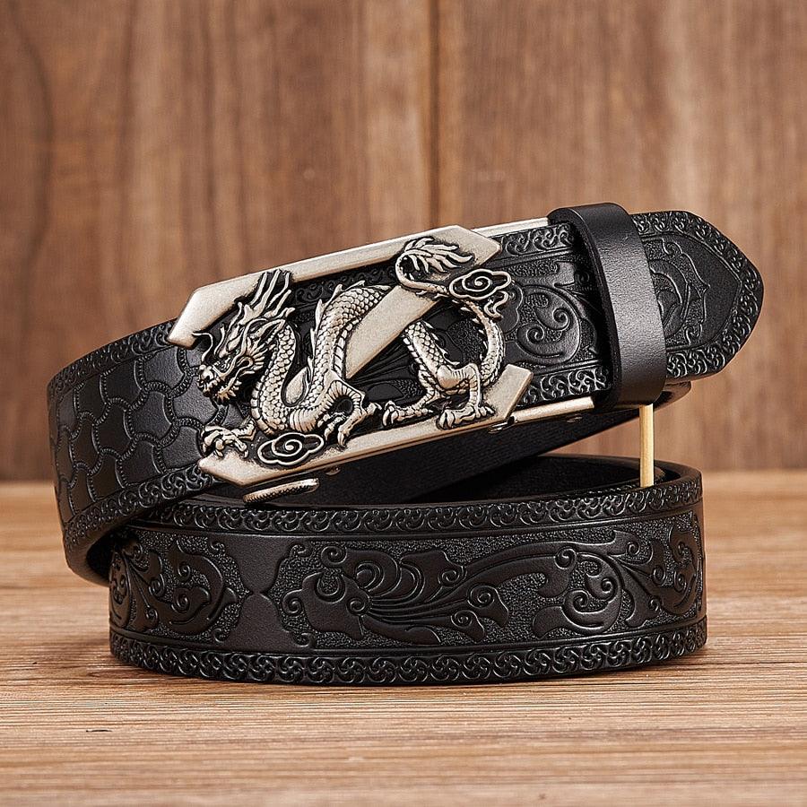 Leather Belt with Embossed Z Dragon Pendant