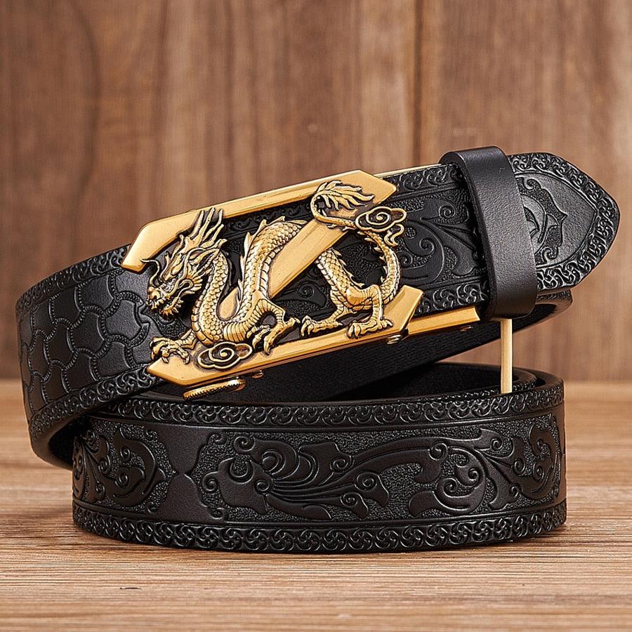 Leather Belt with Embossed Z Dragon Pendant