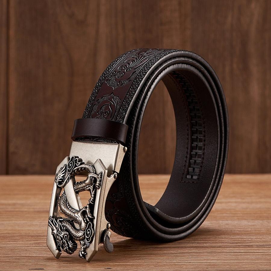 Leather Belt with Embossed Z Dragon Pendant