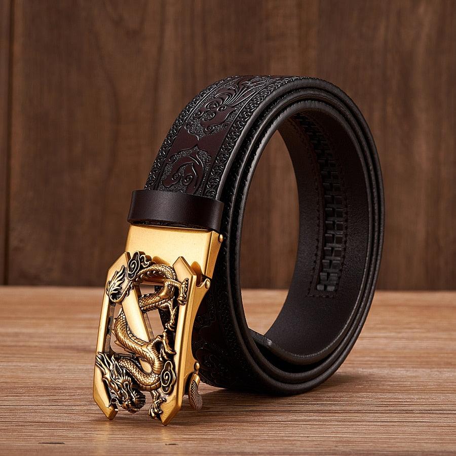 Leather Belt with Embossed Z Dragon Pendant