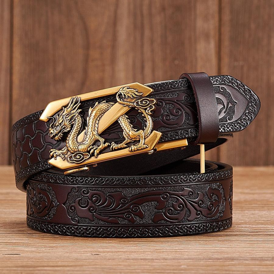 Leather Belt with Embossed Z Dragon Pendant
