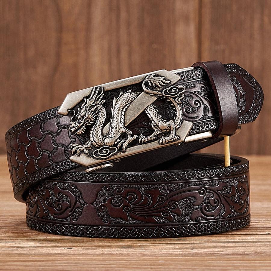 Leather Belt with Embossed Z Dragon Pendant