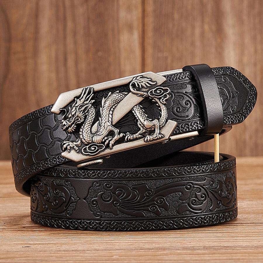 Leather Belt with Embossed Z Dragon Pendant