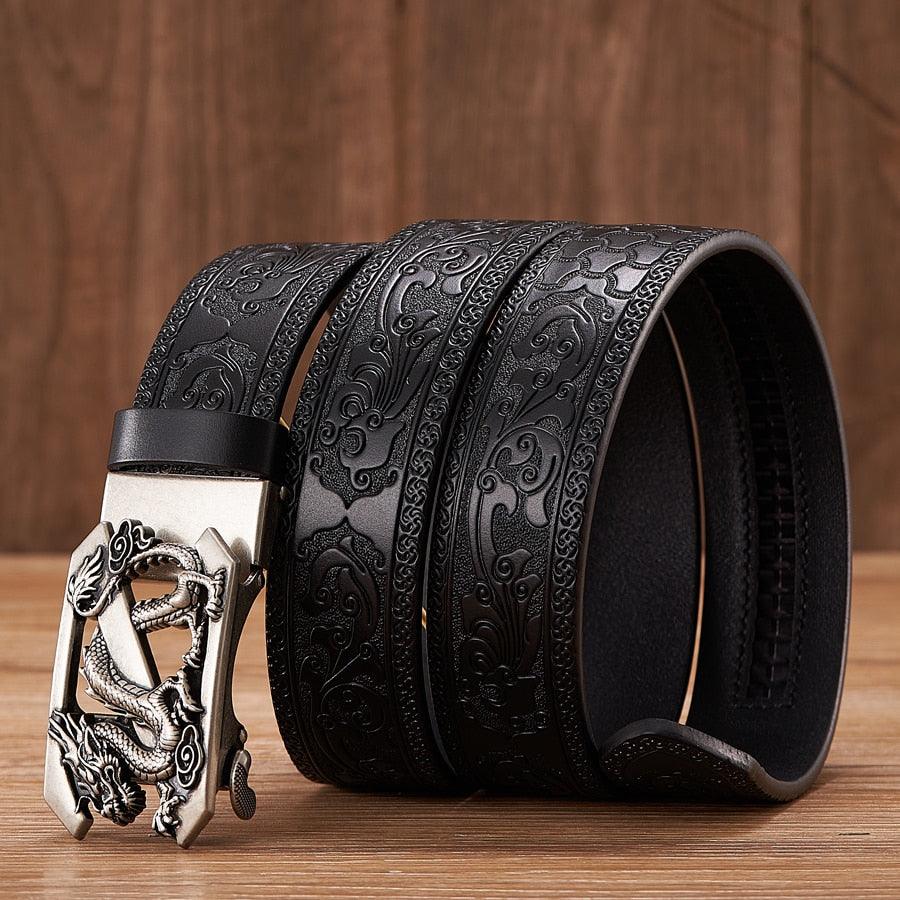 Leather Belt with Embossed Z Dragon Pendant