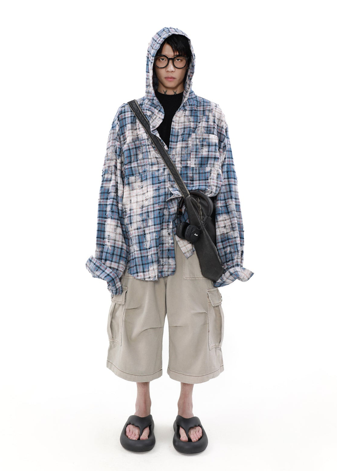 MRNEARLY Distressed Horizon Flannel Jacket with Hood