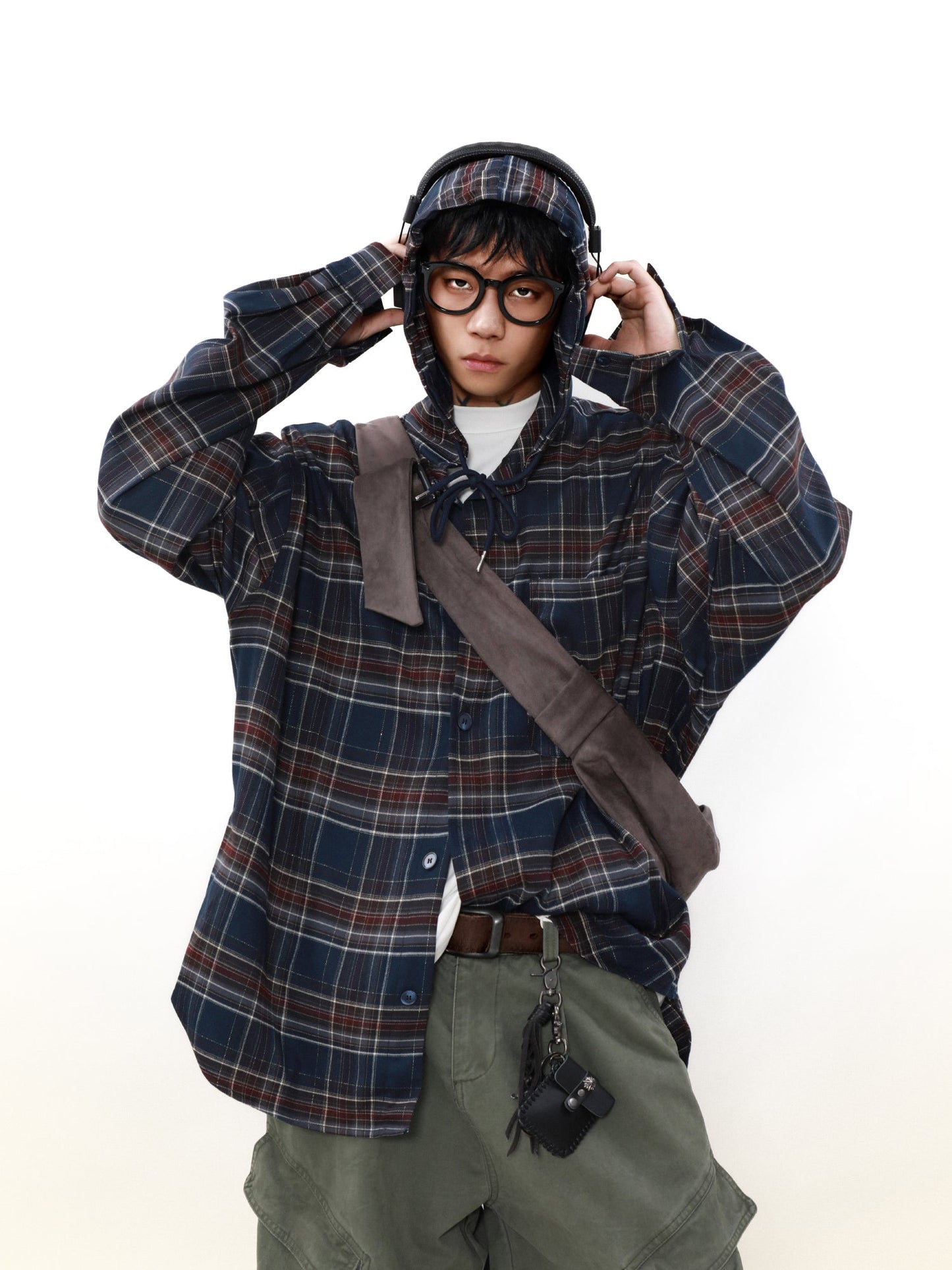 MRNEARLY Plaid Hooded Flannel Jacket with Shadow Design