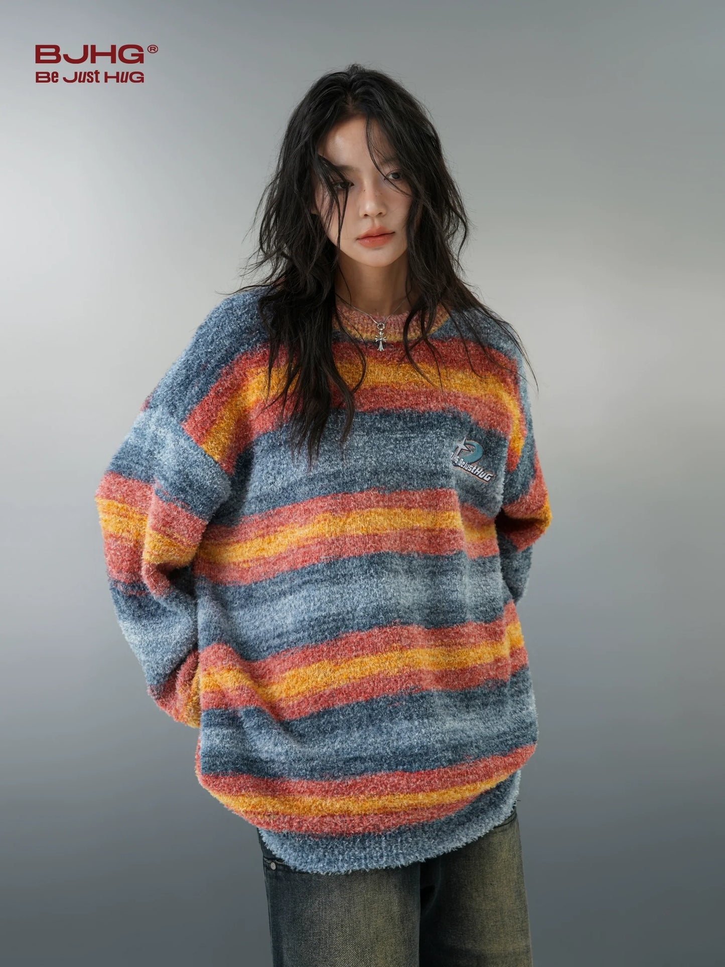 BJHG Striped Sweater with Contrast Paint Design