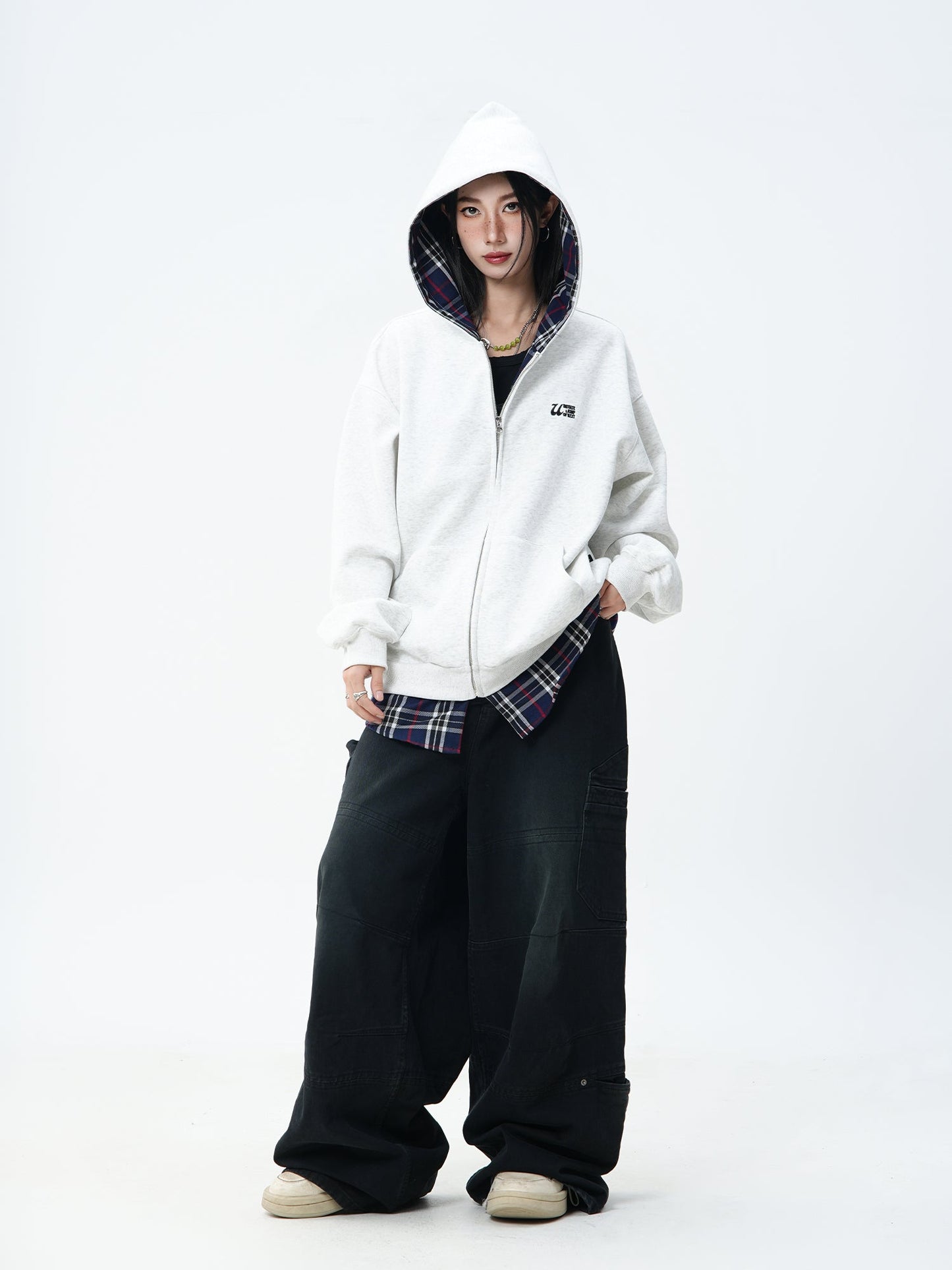 JUMPNEXT Plaid Layered Zip-Up Jacket with Lining