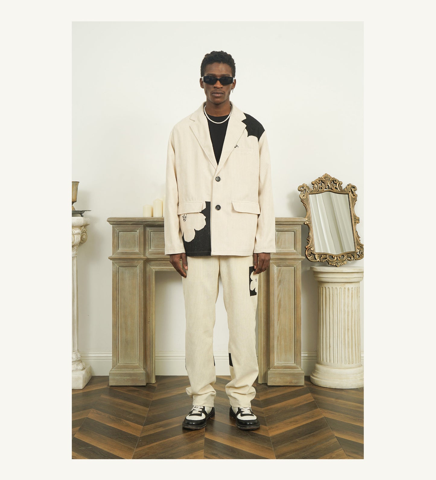 Two-Tone Flower Corduroy Pants - Empty Reference