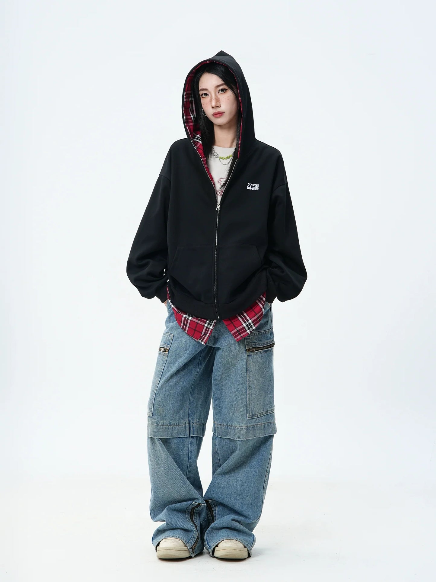 JUMPNEXT Plaid Layered Zip-Up Jacket with Lining