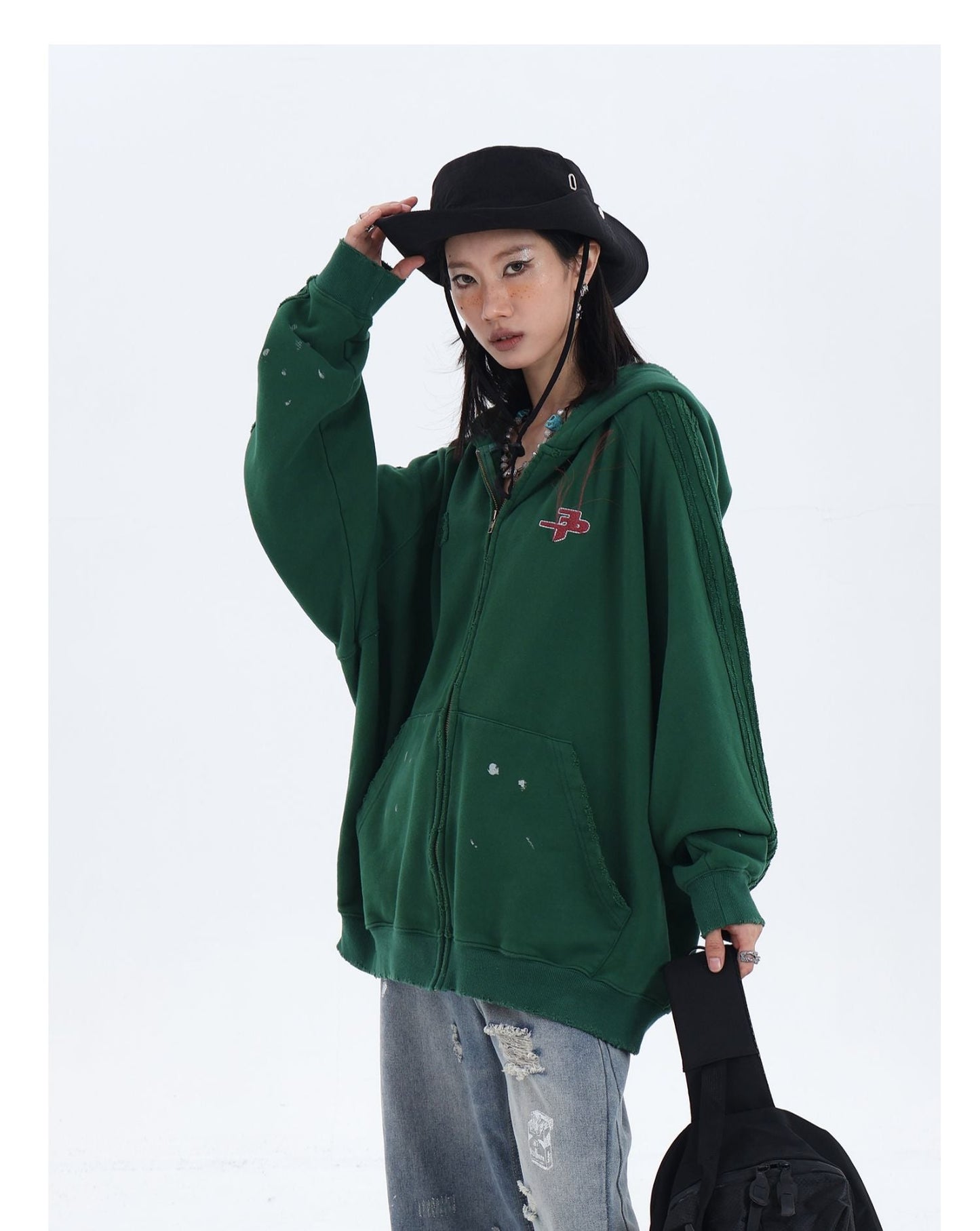 JUMPNEXT Distressed Striped Zip-Up Jacket