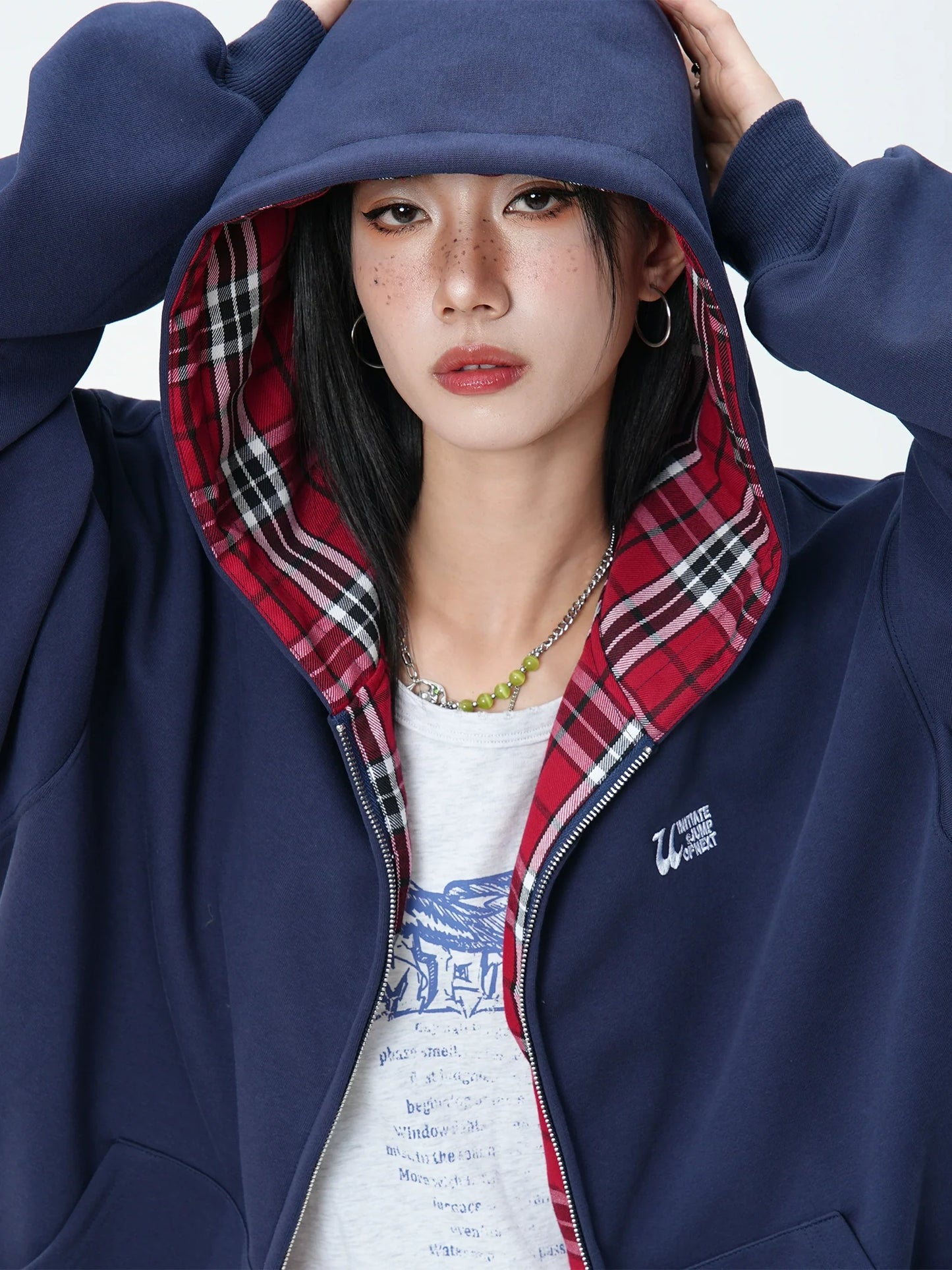 JUMPNEXT Plaid Layered Zip Jacket with Lining