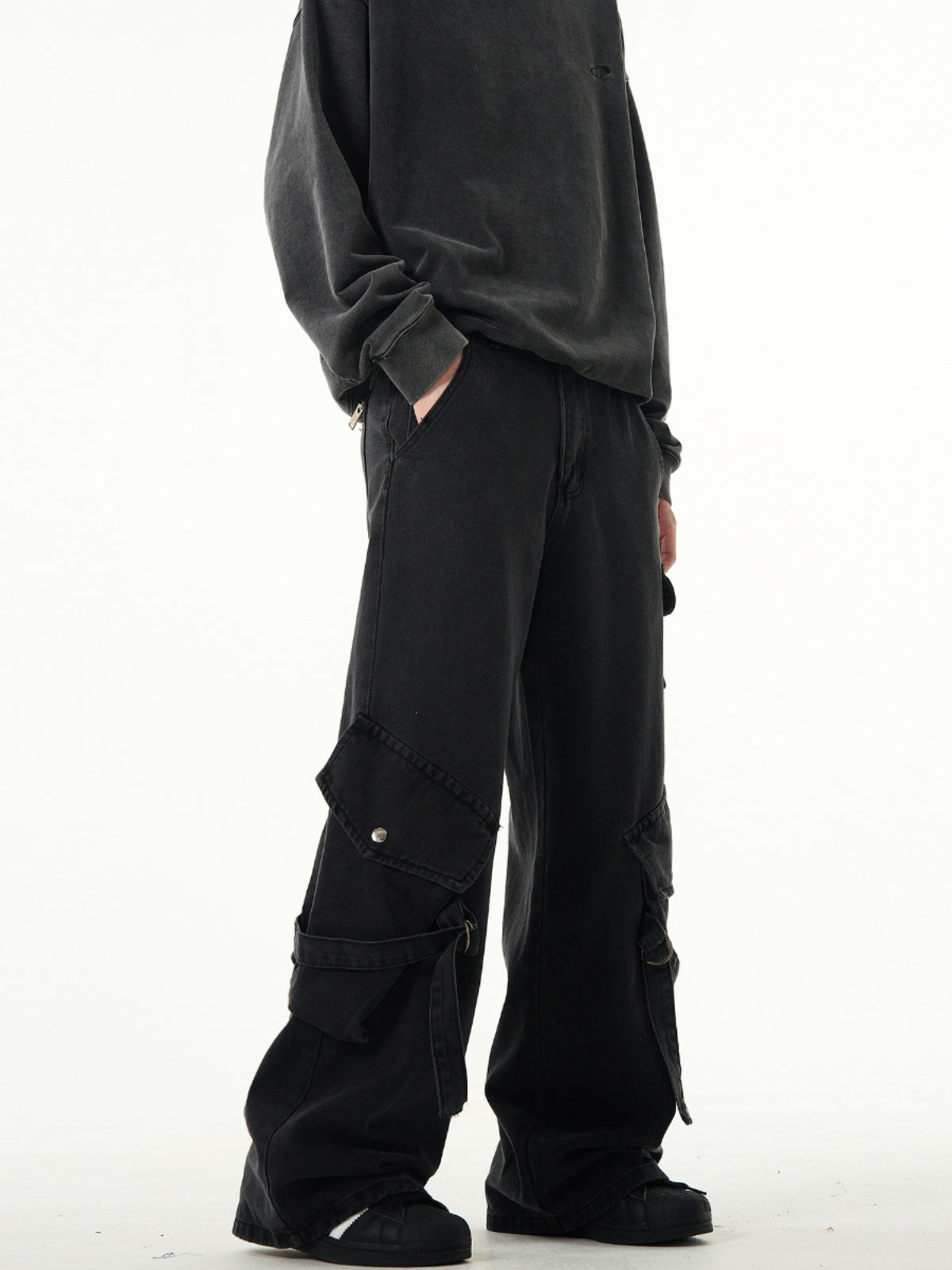 MADWITCH Kuro Denim Cargo Pants with Strap