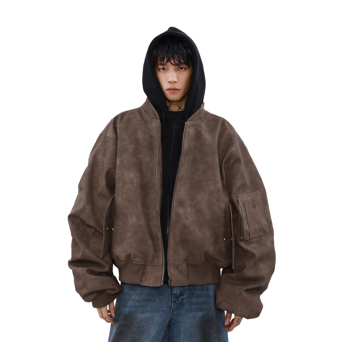 MRNEARLY Retro Distressed Bomber Jacket