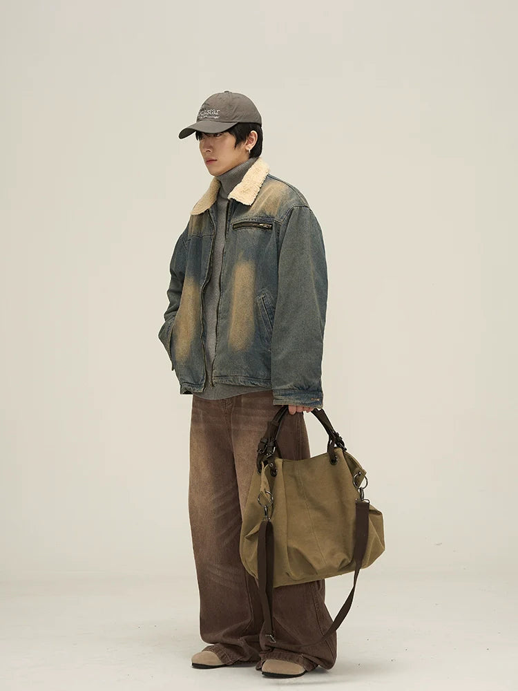 Faded Denim Jacket with Cozy Faux Fur Lining