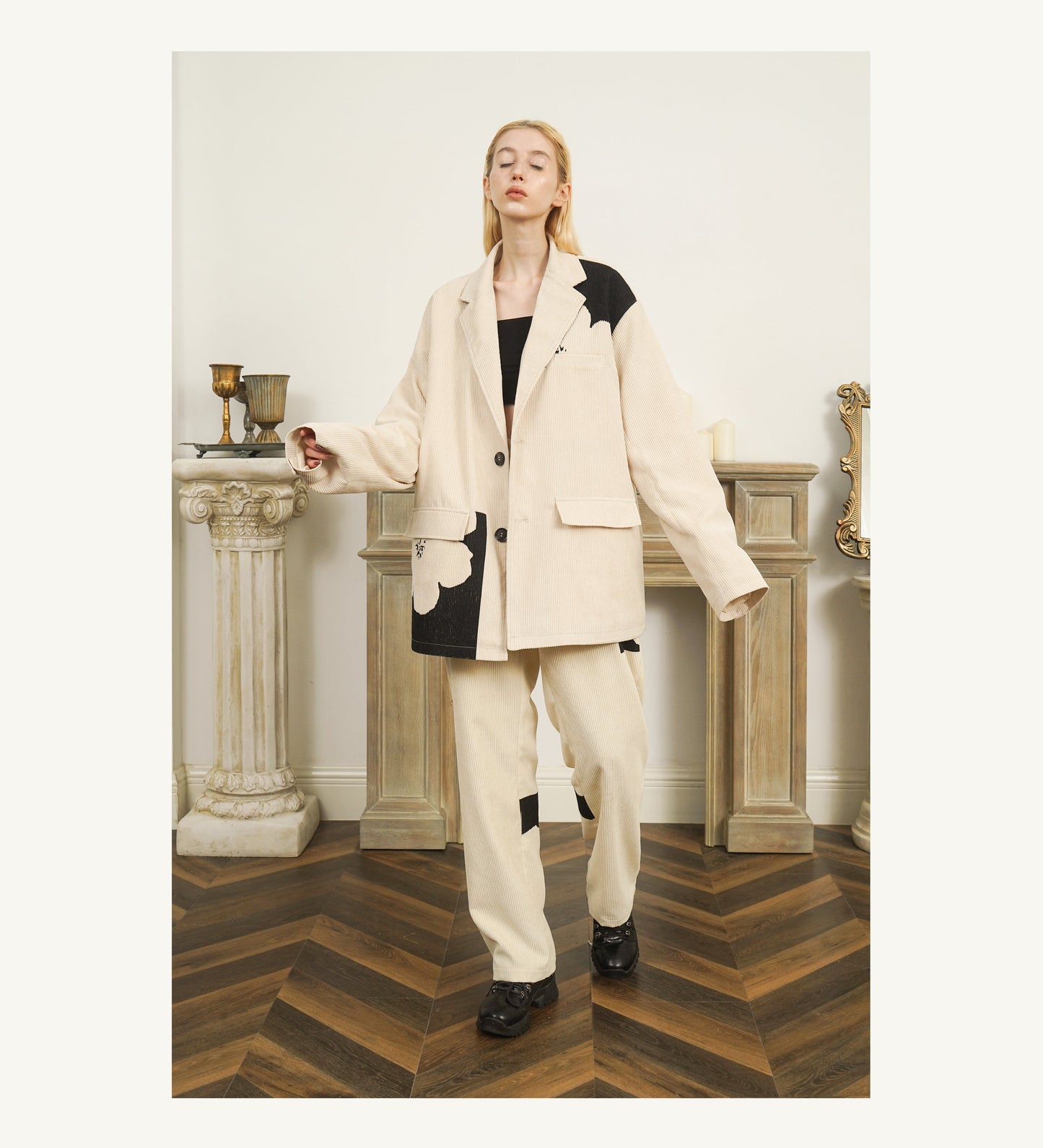 Two-Tone Flower Corduroy Blazer - EMPTY REFERENCE