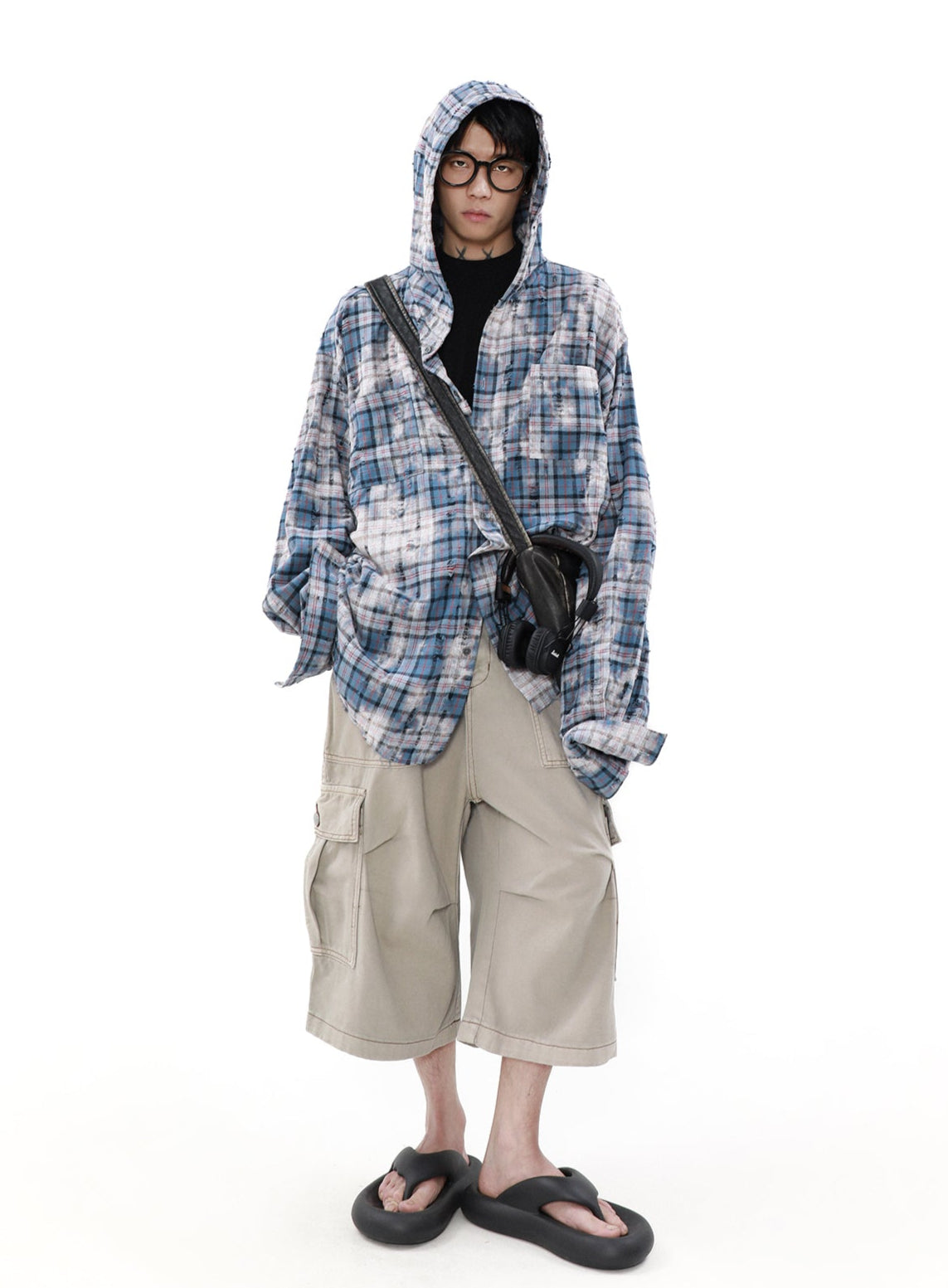 MRNEARLY Distressed Horizon Flannel Jacket with Hood