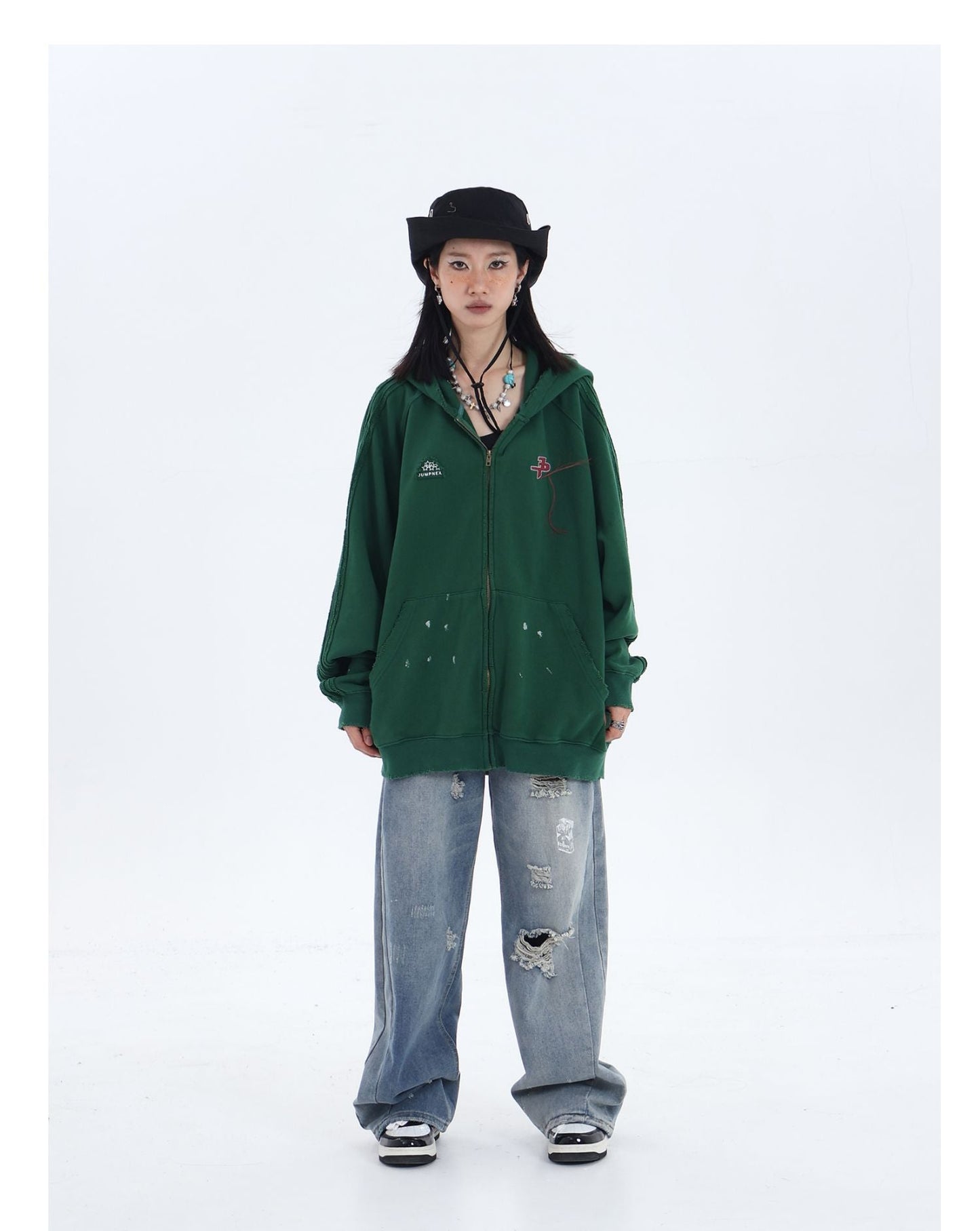 JUMPNEXT Distressed Striped Zip-Up Jacket