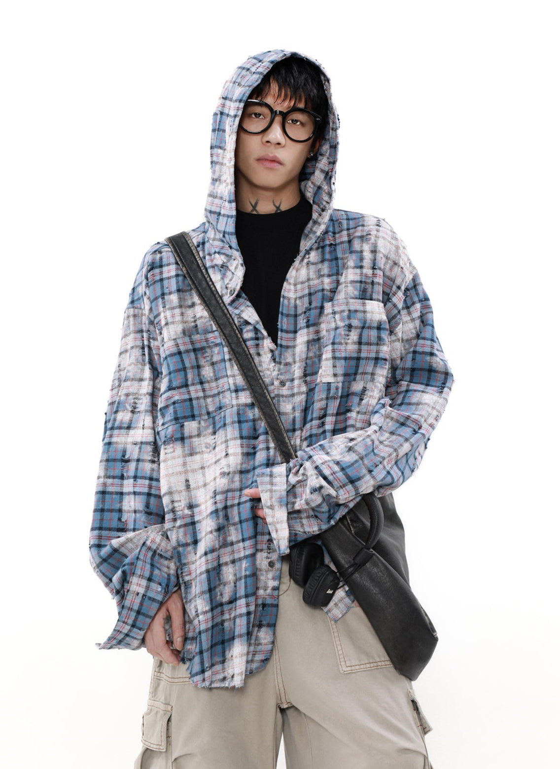 MRNEARLY Distressed Horizon Flannel Jacket with Hood