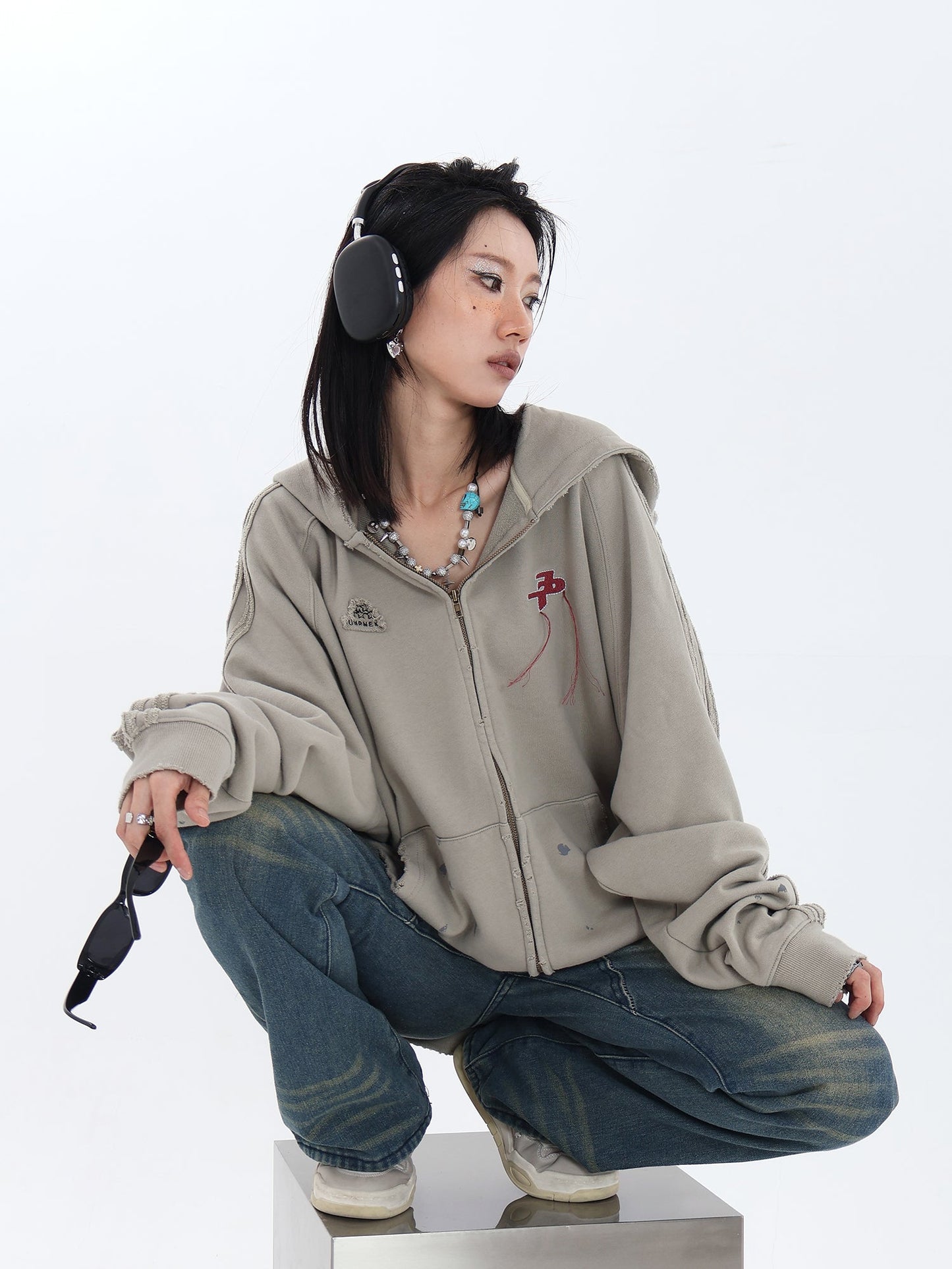 JUMPNEXT Distressed Striped Zip-Up Jacket