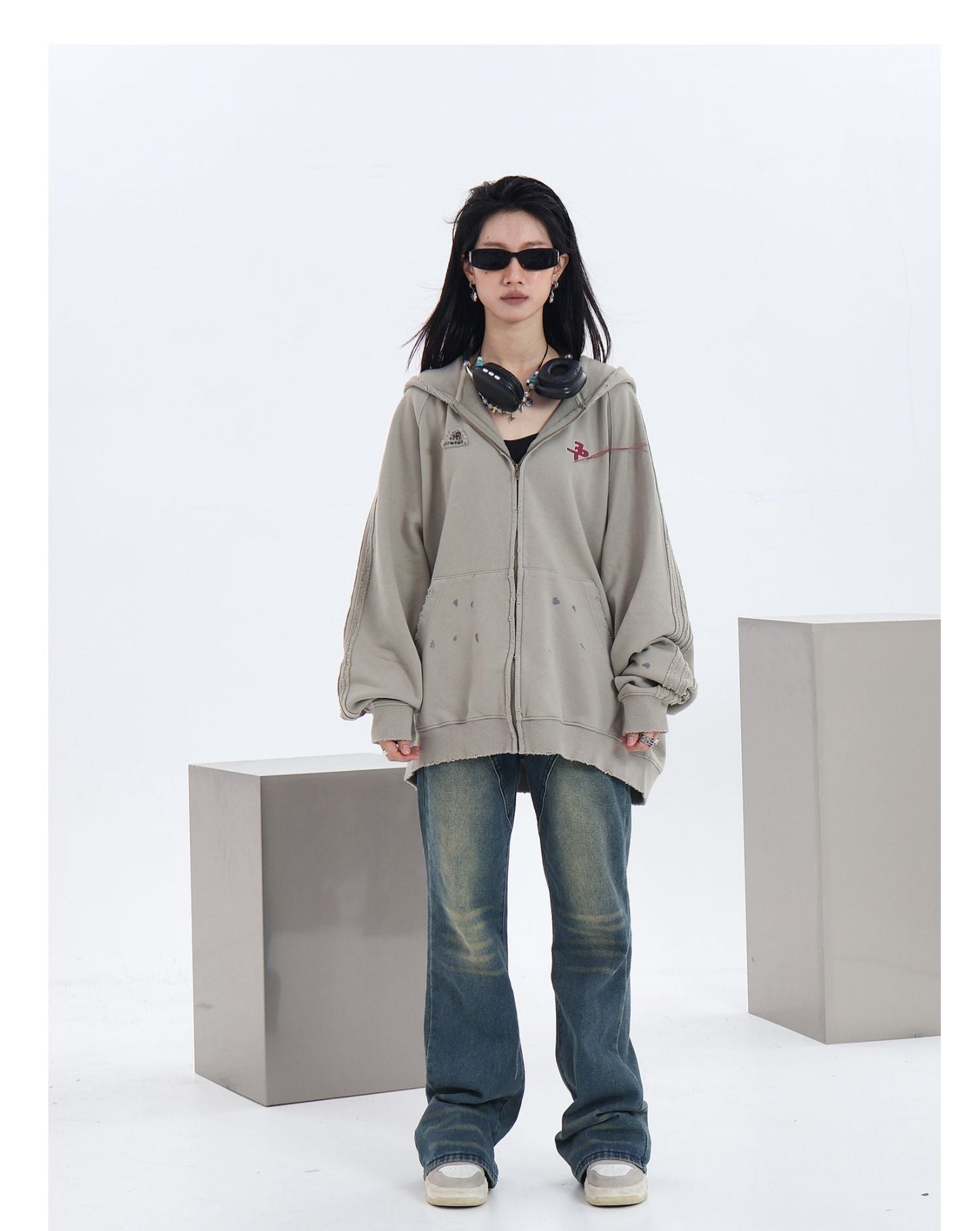 JUMPNEXT Distressed Striped Zip-Up Jacket