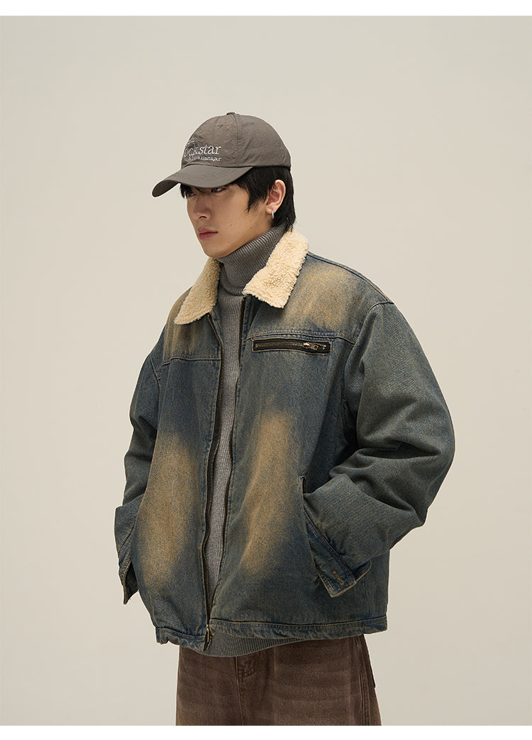 Faded Denim Jacket with Cozy Faux Fur Lining