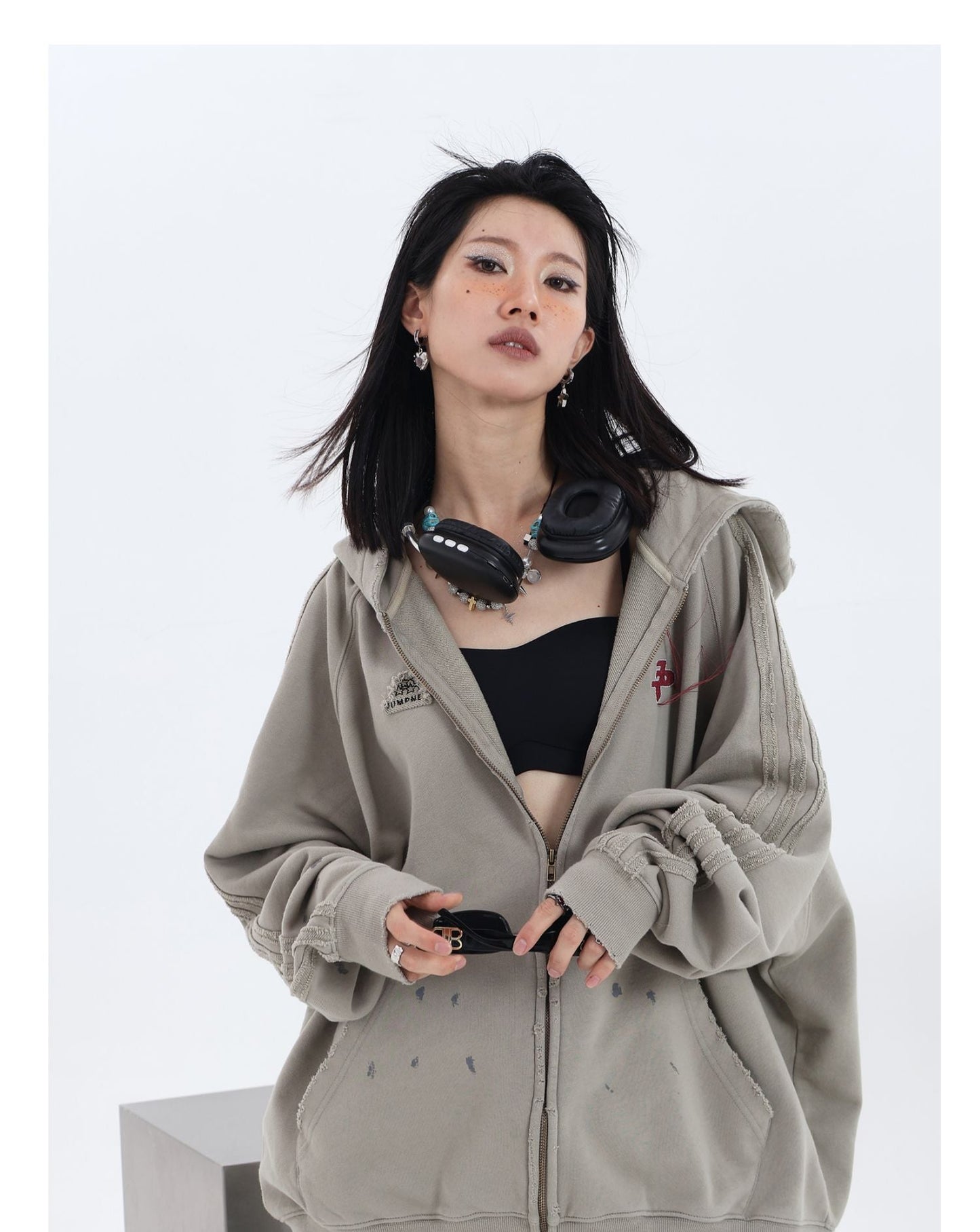 JUMPNEXT Distressed Striped Zip-Up Jacket