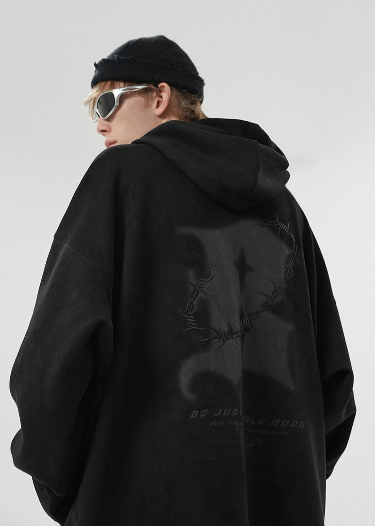 BJHG Suede Hoodie with Embroidered Thorn Design