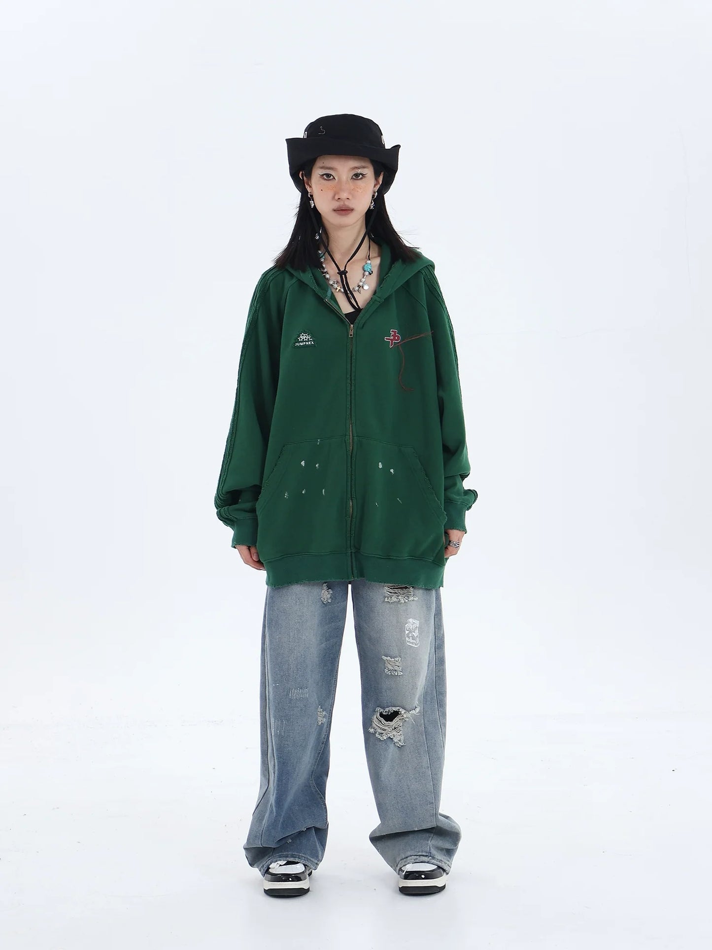 JUMPNEXT Distressed Striped Zip-Up Jacket