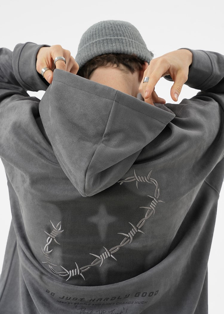 BJHG Suede Hoodie with Embroidered Thorn Design
