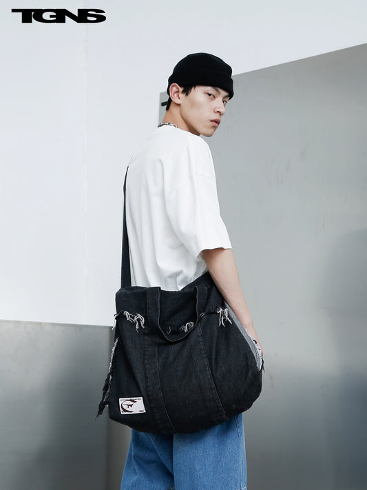 TGNS Distressed Washed Denim Messenger Bag