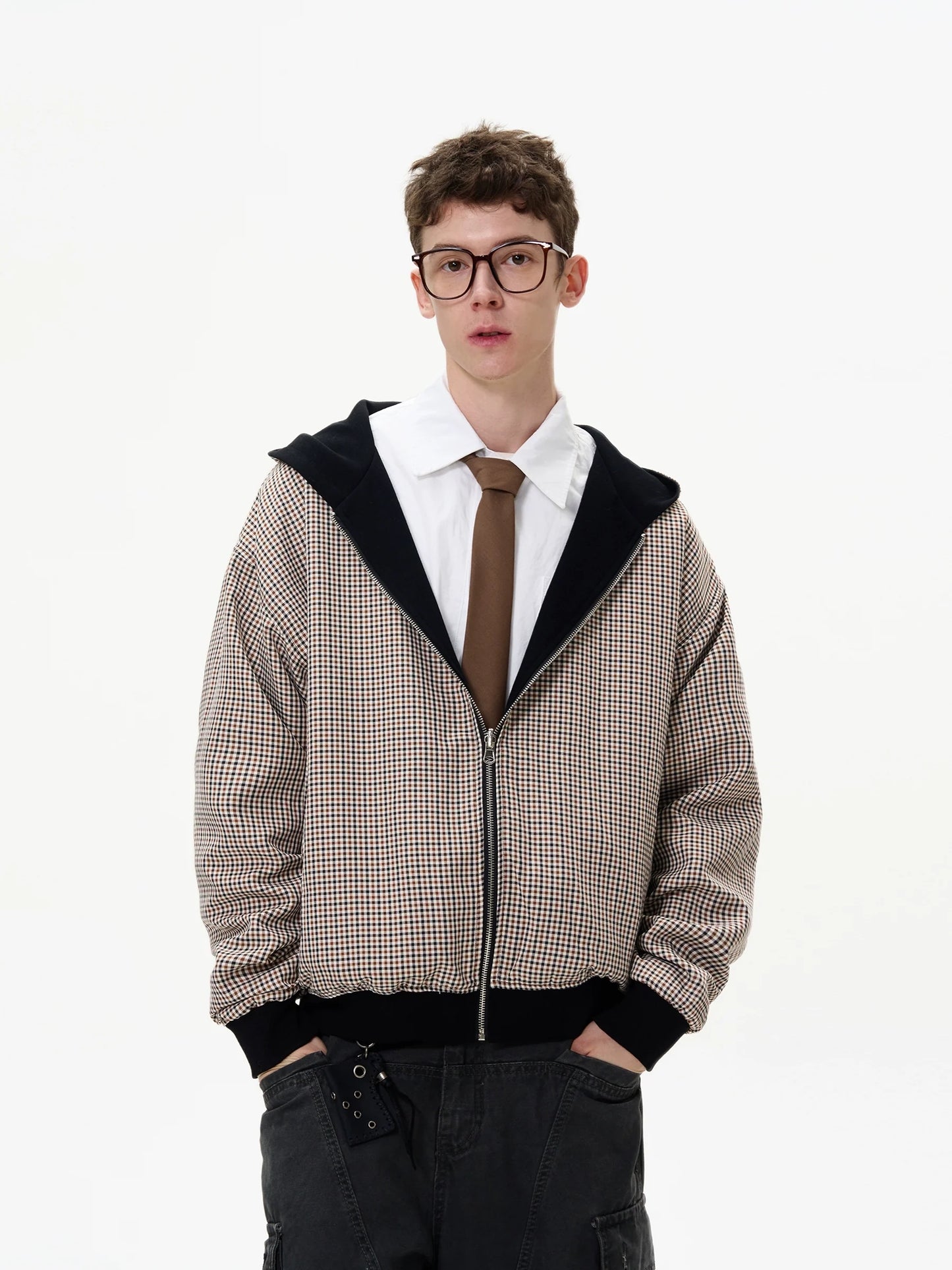 MADWITCH Double-Sided Plaid Zip-Up Hoodie