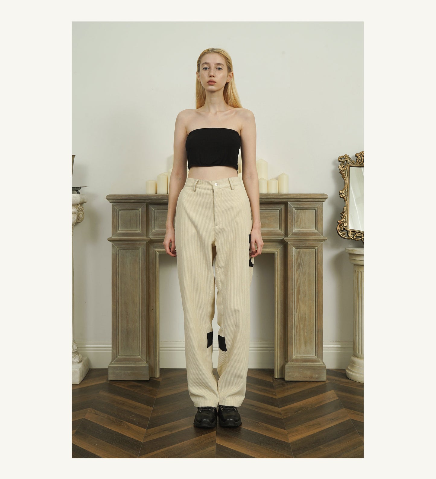 Two-Tone Flower Corduroy Pants - Empty Reference