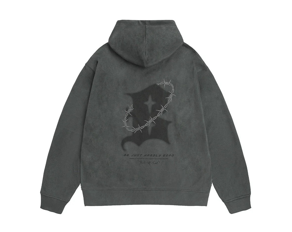 BJHG Suede Hoodie with Embroidered Thorn Design