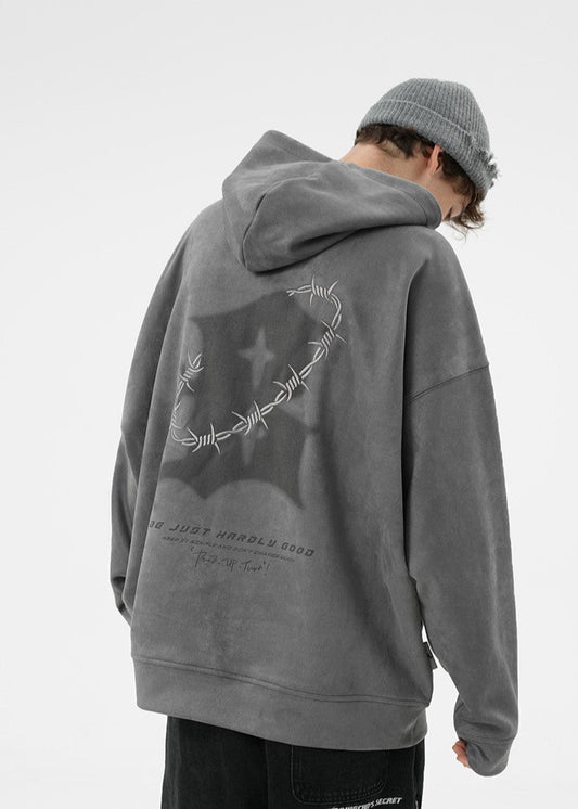 BJHG Suede Hoodie with Embroidered Thorn Design