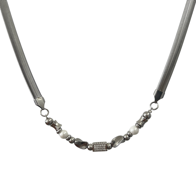 MINBIN Silver Snake Chain Necklace with Beaded Accents