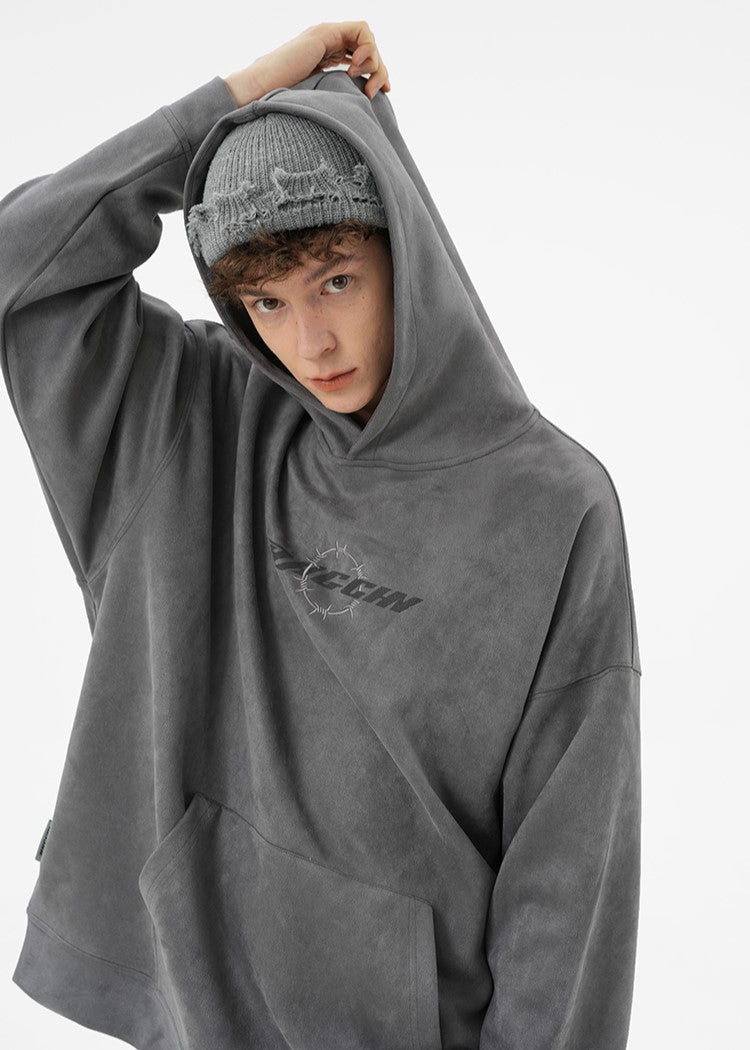 BJHG Suede Hoodie with Embroidered Thorn Design