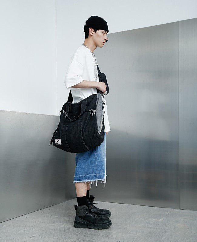 TGNS Distressed Washed Denim Messenger Bag