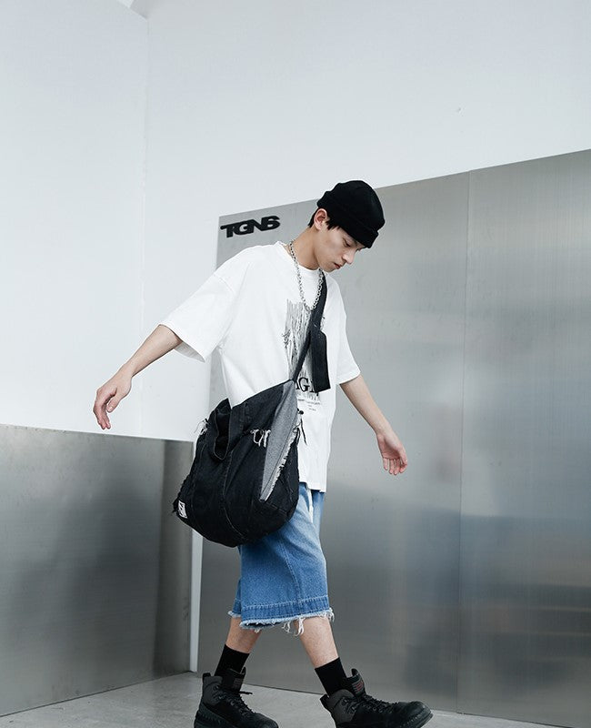 TGNS Distressed Washed Denim Messenger Bag