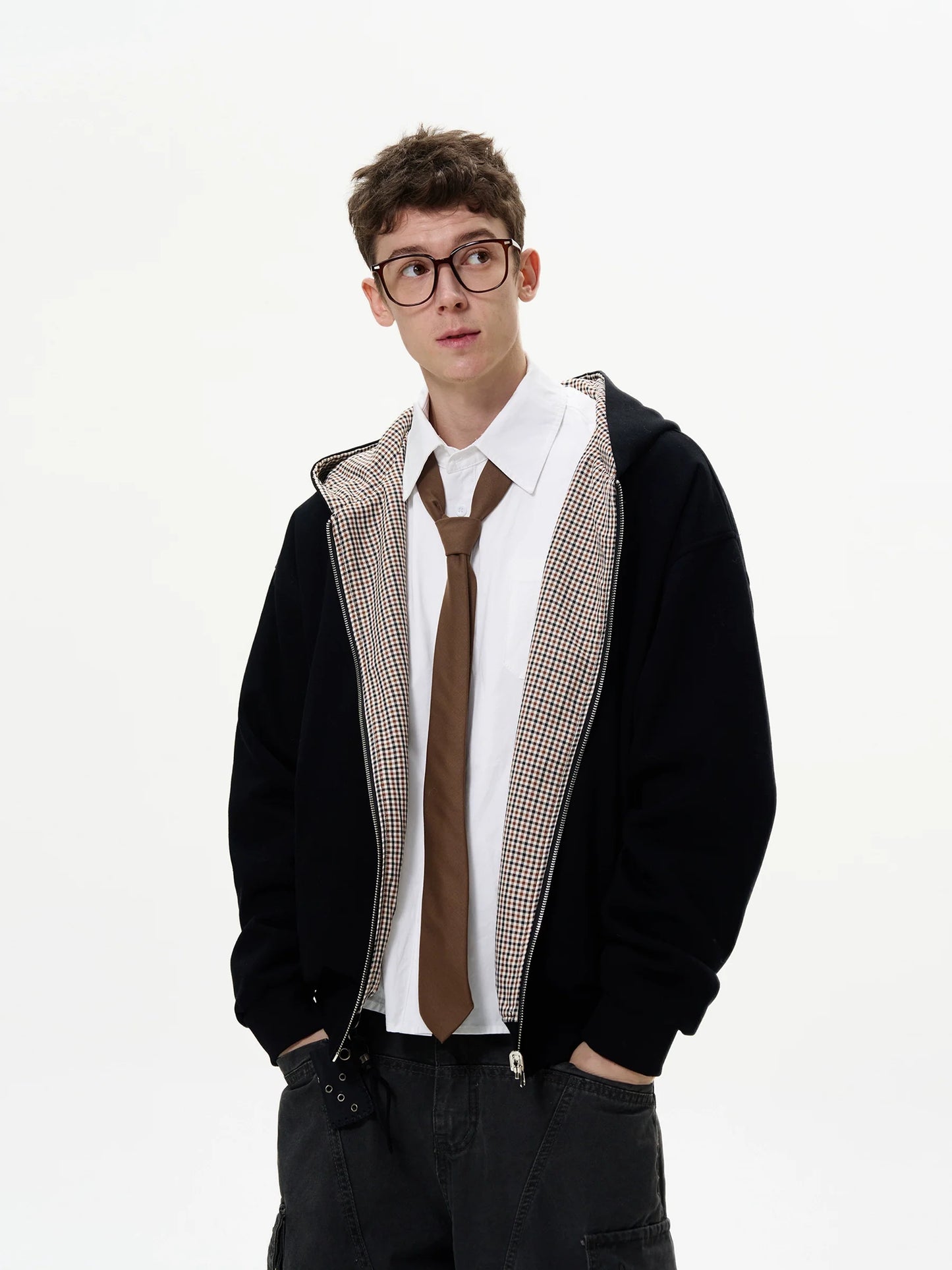 MADWITCH Double-Sided Plaid Zip-Up Hoodie