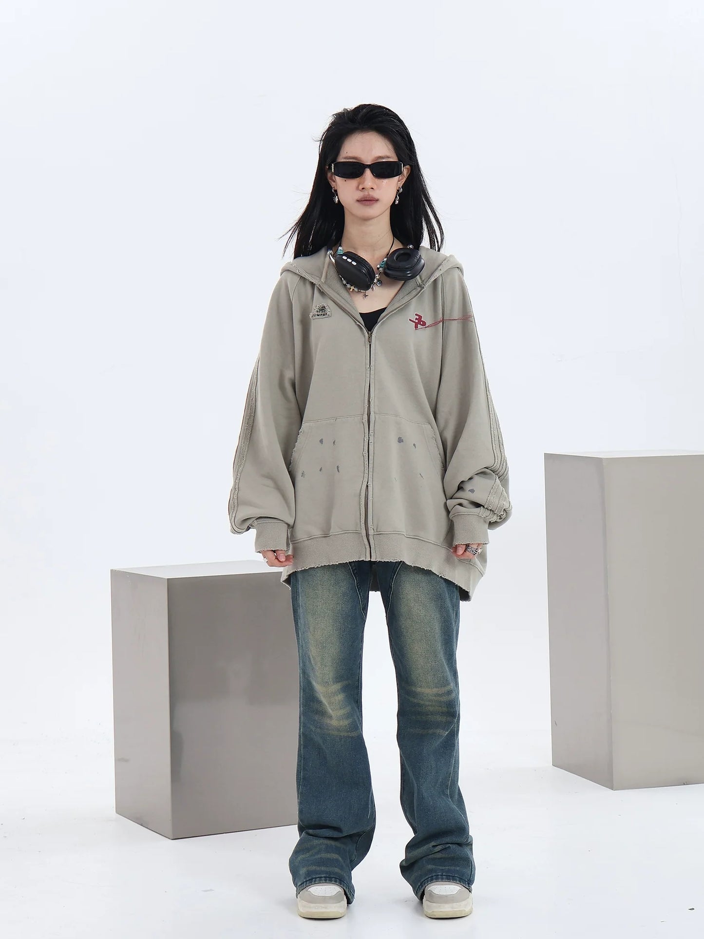 JUMPNEXT Distressed Striped Zip-Up Jacket